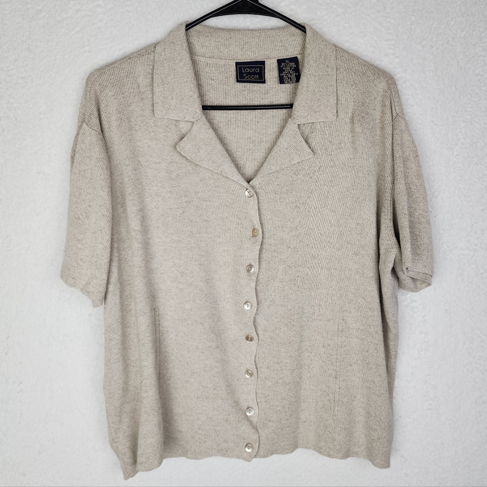 VINTAGE LAURA SCOTT Button Up Collared Short Sleeve Sweater XL